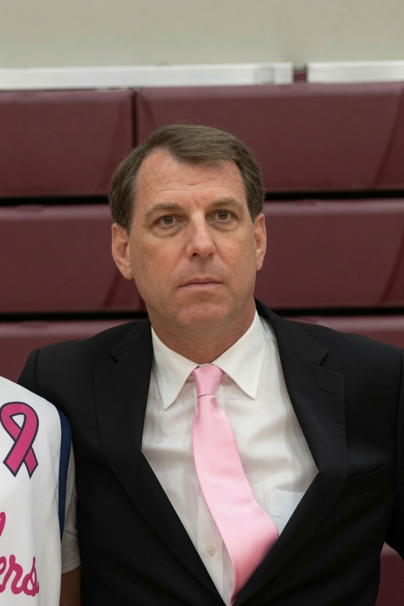 Pat Albert in a pink tie at a basketball game