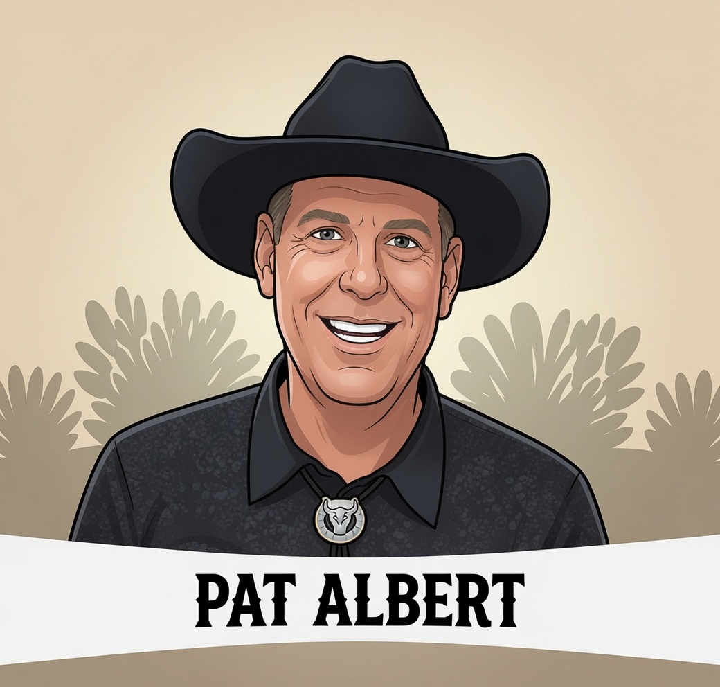 Cartoon of Pat Albert in a black cowboy hat