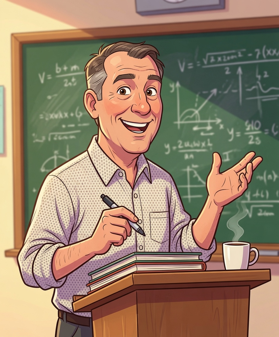 Pat Albert cartoon lecturing at a chalkboard