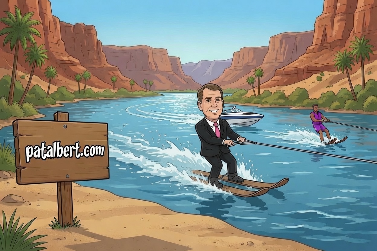 Pat Albert cartoon water skiing in a suit